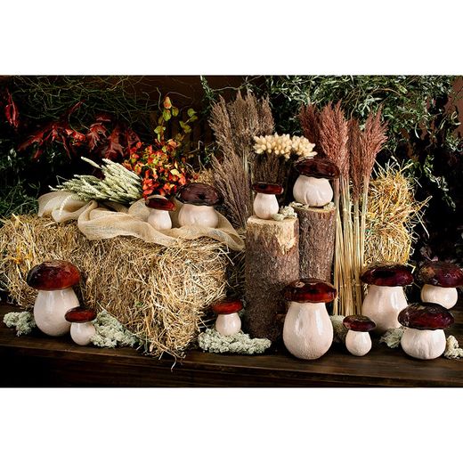 Mittlere Steingutdose in Beige und Braun, 19 x 19 x 18,5 cm | Pilze