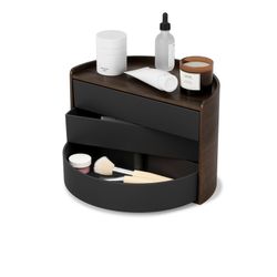 Caja MOONA con tres gavetas giratorias de madera nogal con negro 25,4x14,6x17,8 cm