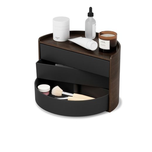 Caja MOONA con tres gavetas giratorias de madera nogal con negro 25,4x14,6x17,8 cm