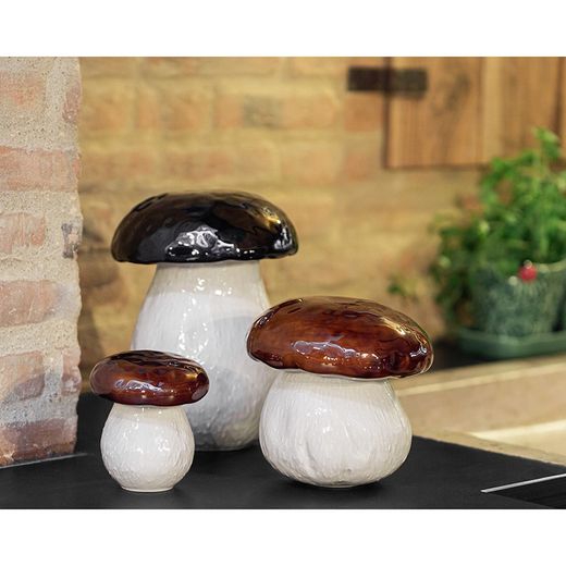 Klein aardewerken doosje in beige en bruin, 11,5 x 11,5 x 13,2 cm | paddestoelen