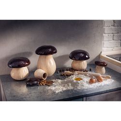 Klein aardewerken doosje in beige en bruin, 11,5 x 11,5 x 13,2 cm | paddestoelen