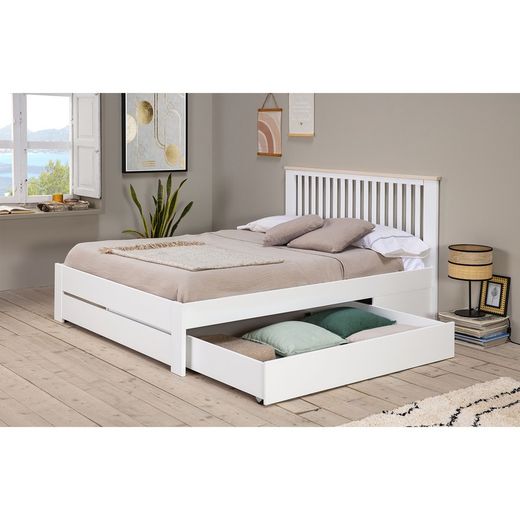 LEBA Bedlade in grenen en wit Mdf, 137x147x22 cm