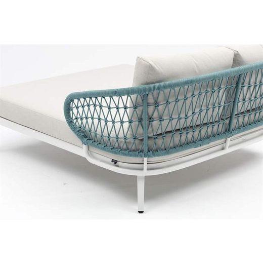 Balinees bed van aluminium en nautisch touw in wit en aqua, 135 x 161 x 78 cm | Isabella