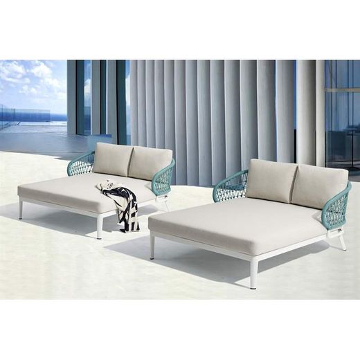 Balinees bed van aluminium en nautisch touw in wit en aqua, 135 x 161 x 78 cm | Isabella