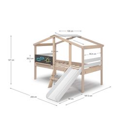 Cama cabaña con tobogán de madera de pino en natural y blanco, 204,9 x 97,1-187,3 x 147 cm | Cera