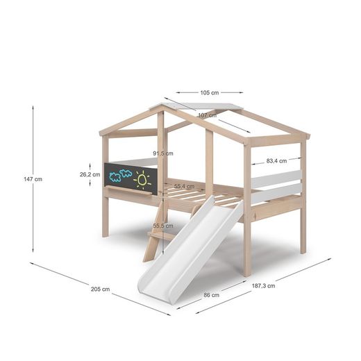 Cama cabaña con tobogán de madera de pino en natural y blanco, 204,9 x 97,1-187,3 x 147 cm | Cera