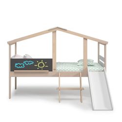Cama cabaña con tobogán de madera de pino en natural y blanco, 204,9 x 97,1-187,3 x 147 cm | Cera