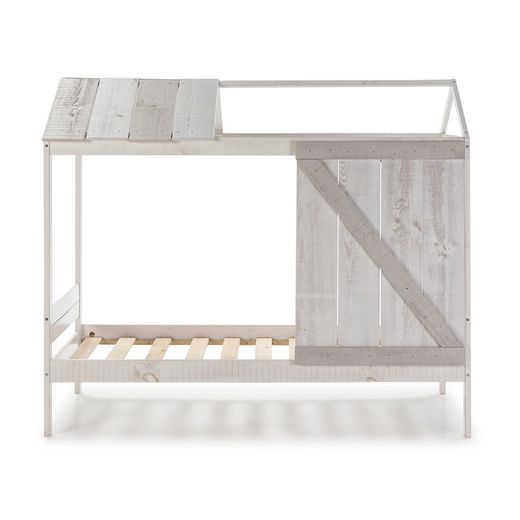 90 NANUC Lit Cabane en Pin et Mdf Blanc/Gris, 197,6x101,7x174,8 cm