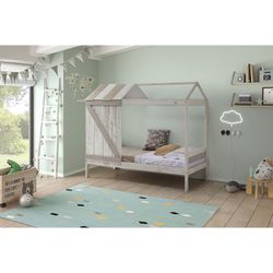 90 NANUC Lit Cabane en Pin et Mdf Blanc/Gris, 197,6x101,7x174,8 cm