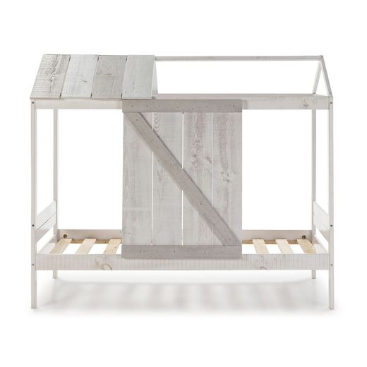 90 NANUC Lit Cabane en Pin et Mdf Blanc/Gris, 197,6x101,7x174,8 cm