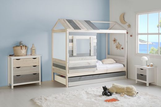 Lit cabine en bois multicolore et sommier à lattes, 206 x 102 x 181,5 cm