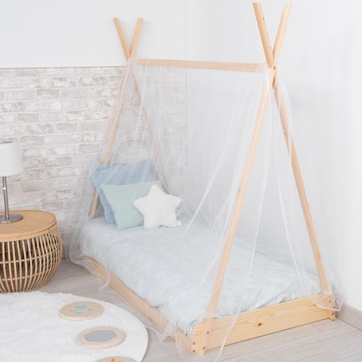 Hytteseng af fyrretræ i natur, 75 x 150,5 x 138 cm | Tipi drømme