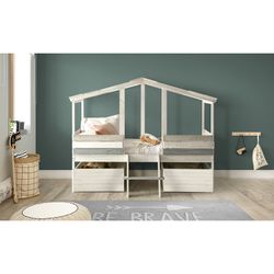 ULISES Lit Cabane en Pin Blanc/Gris, 206x131x165 cm