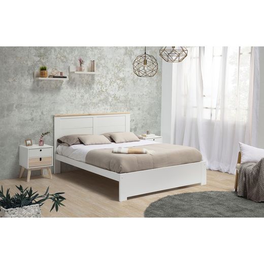 140 cm Bed with AKIRA Base in Pine and White/Natural MDF, 197.7x152.2x100 cm