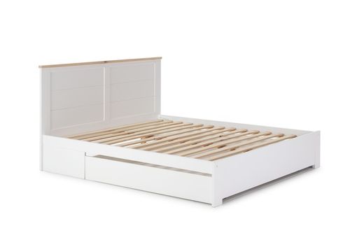 140 cm white wooden bed with drawer and slatted base, 198 x 153 x 100 cm