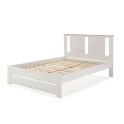 Pine bed in white and natural, 198 x 152.3 x 100 cm | Enara
