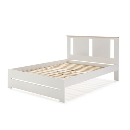Pine bed in white and natural, 198 x 152.3 x 100 cm | Enara