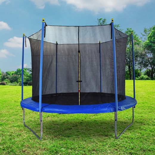 Studsmatta med stålnät i blått och svart, Ø x 244 x 220 cm | flygande