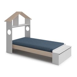 Cama individual de madeira branca e natural, 216,5 x 128,5 x 153 cm | Odessa