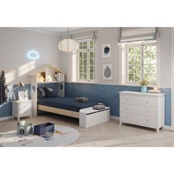 Cama individual de madeira branca e natural, 216,5 x 128,5 x 153 cm | Odessa