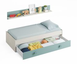 Lit gigogne avec étagère en bois blanc/aigue-marine, 201x98x43 cm | SNUBA