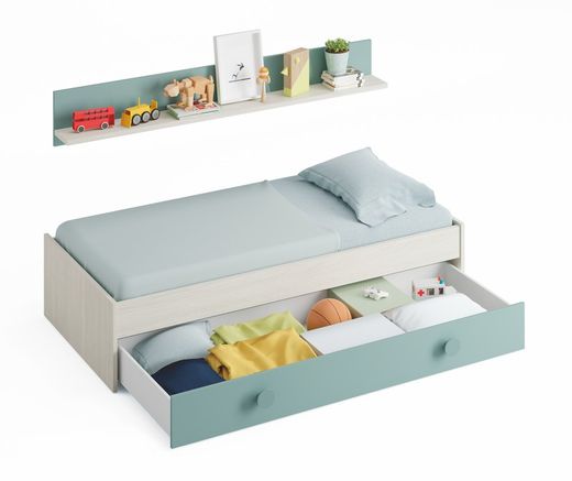 Lit gigogne avec étagère en bois blanc/aigue-marine, 201x98x43 cm | SNUBA