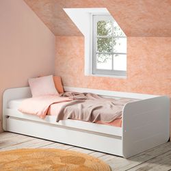 0.90 trundle bed in white wood with slatted base, 195.2 x 105 x 60 cm