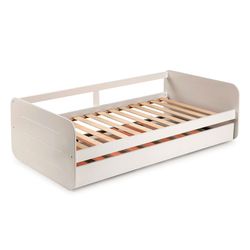 Cama de rodízio de 0,90 em madeira branca com base de ripas, 195,2 x 105 x 60 cm