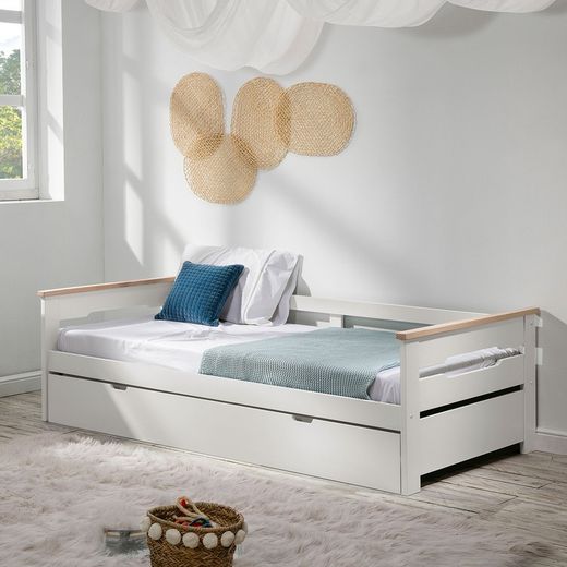 0.90 trundle bed in white wood with slatted base, 199 x 105 x 62 cm