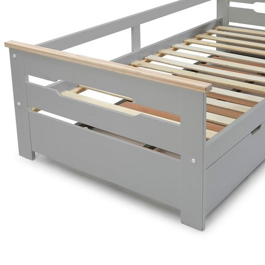 Lit gigogne 0.90 en bois gris clair avec sommier à lattes, 199 x 105 x 62 cm