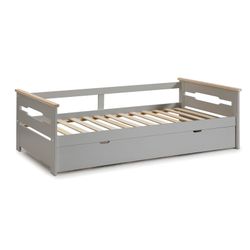 Lit gigogne 0.90 en bois gris clair avec sommier à lattes, 199 x 105 x 62 cm