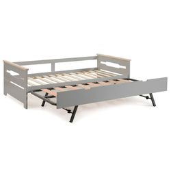 Lit gigogne 0.90 en bois gris clair avec sommier à lattes, 199 x 105 x 62 cm