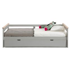 Lit gigogne 0.90 en bois gris clair avec sommier à lattes, 199 x 105 x 62 cm