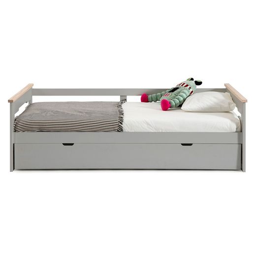 Lit gigogne 0.90 en bois gris clair avec sommier à lattes, 199 x 105 x 62 cm