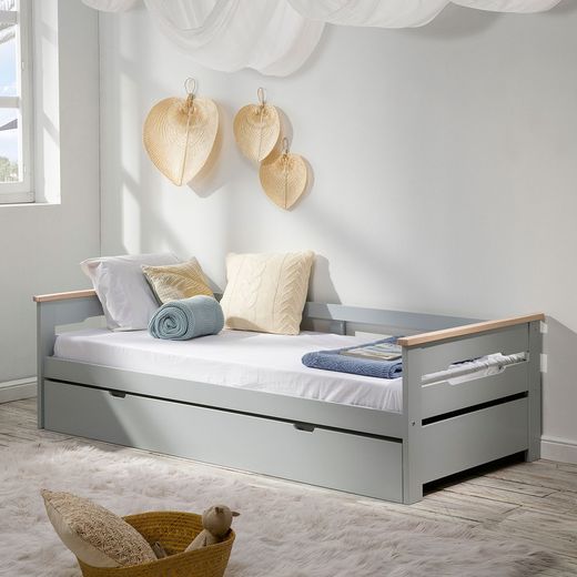 Lit gigogne 0.90 en bois gris clair avec sommier à lattes, 199 x 105 x 62 cm
