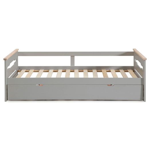 Lit gigogne 0.90 en bois gris clair avec sommier à lattes, 199 x 105 x 62 cm