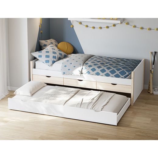 Lit gigogne en bois blanc et naturel, 205 x 98,2 x 63 cm | Valka