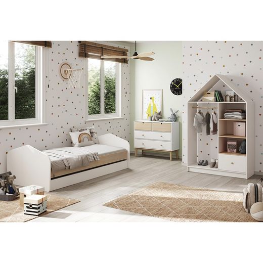 Grenen onderschuifbed in wit en naturel, 205,4 x 100 x 65 cm | Steffie