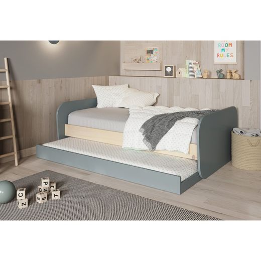 Pine trundle bed in green and natural, 205.4 x 102 x 65 cm | Esteban