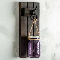 Bougeoir en bois tropical marron / violet, 13x11x35cm