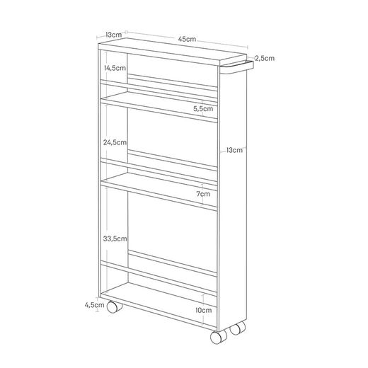 Carrinho de cozinha em aço e madeira branco e natural, 80,5 x 47,5 x 13 cm | Torre
