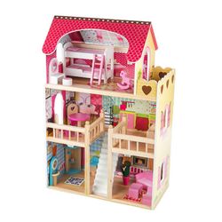 Casinha de bonecas em madeira amarelo e rosa, 60 x 33 x 90 cm | naroa