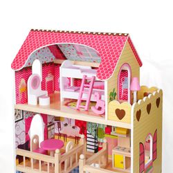 Casinha de bonecas em madeira amarelo e rosa, 60 x 33 x 90 cm | naroa