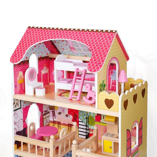 Casinha de bonecas em madeira amarelo e rosa, 60 x 33 x 90 cm | naroa