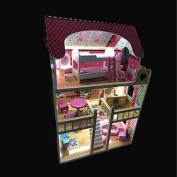 Casinha de bonecas em madeira amarelo e rosa, 60 x 33 x 90 cm | naroa