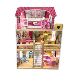 Casinha de bonecas em madeira amarelo e rosa, 60 x 33 x 90 cm | naroa
