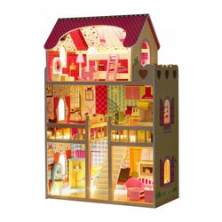 Casinha de bonecas em madeira amarelo e rosa, 60 x 33 x 90 cm | naroa