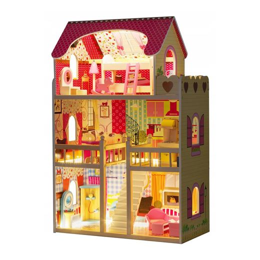 Casinha de bonecas em madeira amarelo e rosa, 60 x 33 x 90 cm | naroa