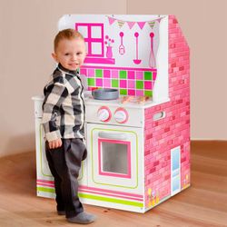 Dollhouse and wooden kitchen in white and pink, 47.5 x 40 x 67.5 cm | Wake