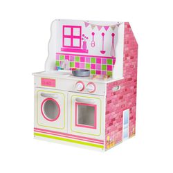 Dollhouse and wooden kitchen in white and pink, 47.5 x 40 x 67.5 cm | Wake